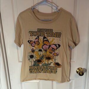 Beige Graphic Tee with Butterflies